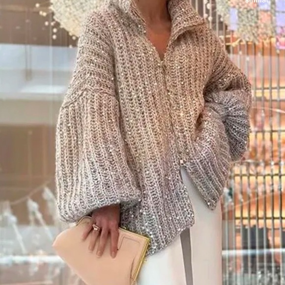 Luxurious Chunky Sparkle Zipper Cardigan Sweater in Khaki - Picture 1 of 7